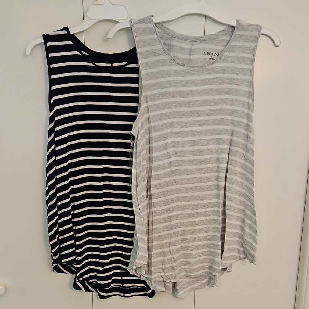 2 Merona Grey And Navy Striped Tanks Bundle
